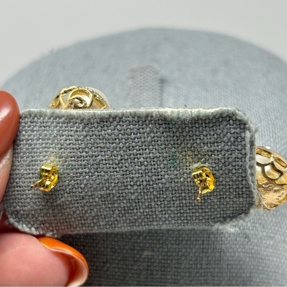 Gold Tone Swirl Faux Pearl Drop Stud Earrings with Rhinestones - Picture 5 of 8